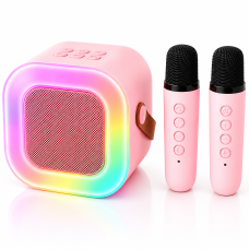 Детское беспроводное караоке с 2 микрофонами A31, портативная колонка Bluetooth с RGB-подсветкой, USB, TF, Розовое