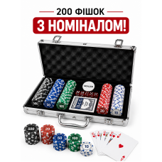 Набор для покера 200 фишек с номиналом 11.5 г в металлическом кейсе Покерный комплект подарочный, 2 колоды карт, 5 кубиков, Dealer Набор для покера 200 фишек с номиналом 11.5 г в металлическом кейсе Покерный комплект подарочный, 2 колоды карт, 5 кубиков, Dealer